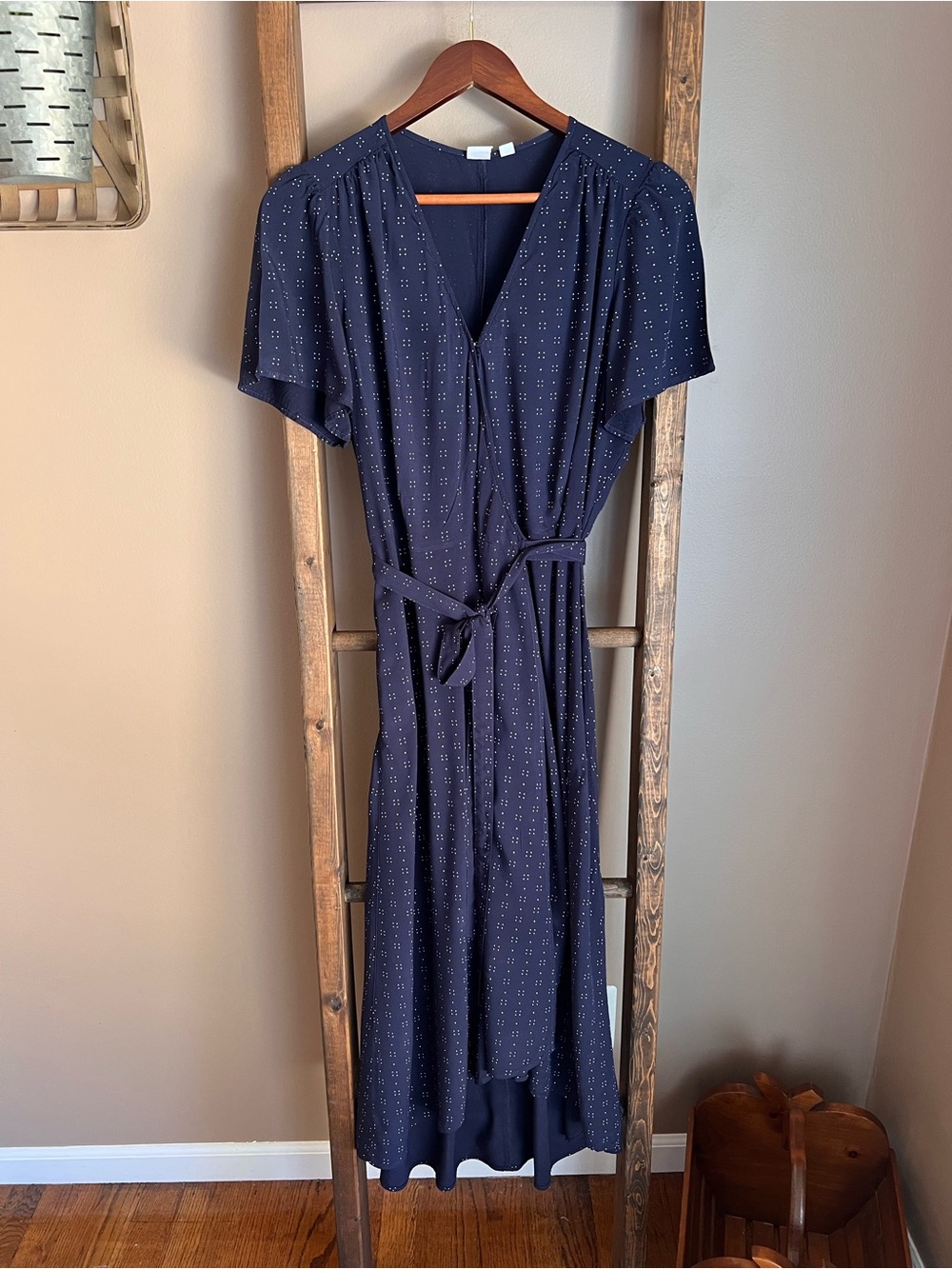 GAP Navy Dot Maxi Wrap Dress with Waist Tie
